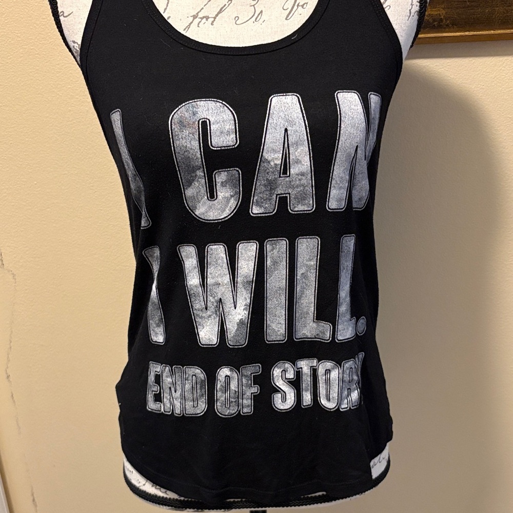 Chin Up Apparel Inspiration denim print letters “I Can I Will End Of Story” tank